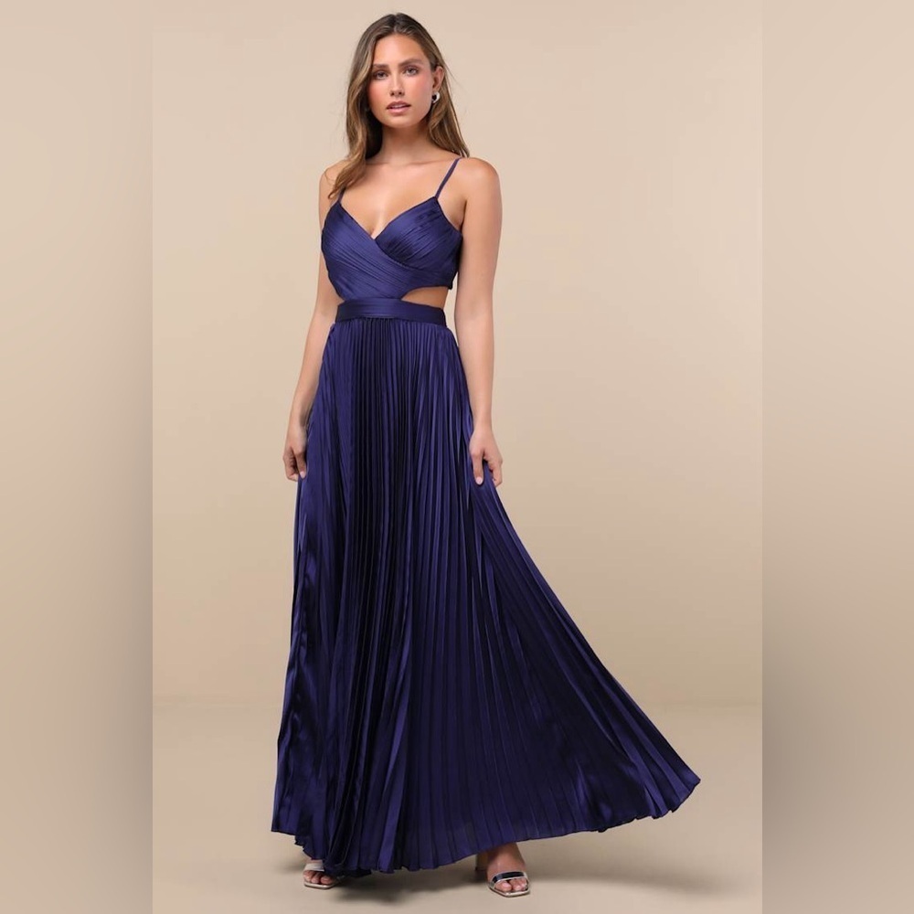 Lulus Got the Glam Navy Blue Pleated Cutout Maxi Dress